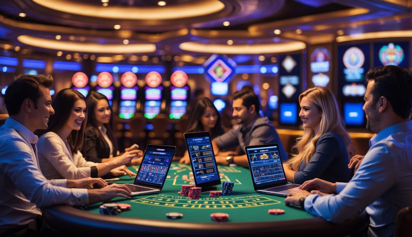 Beberapa orang bermain permainan kasino online secara interaktif dengan suasana kasino nyata di latar belakang.