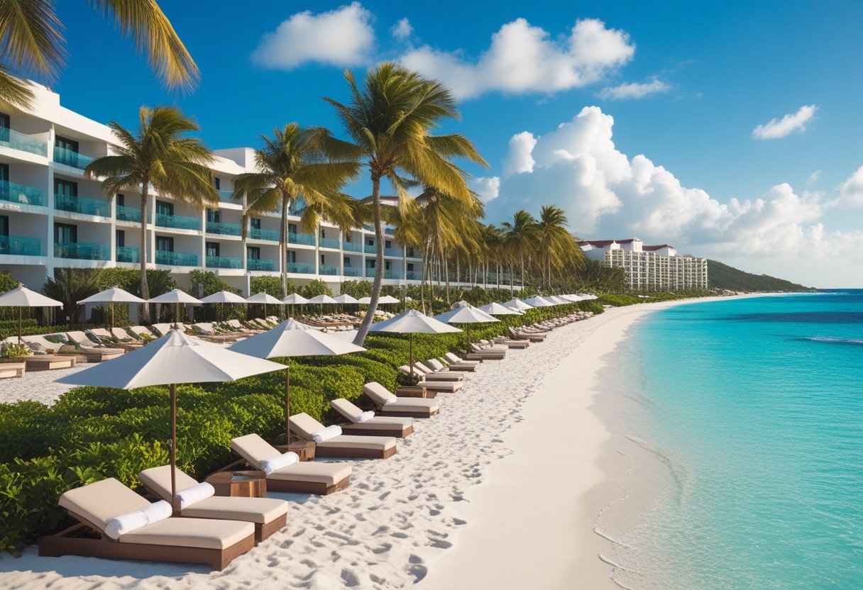 Plage de l'hôtel Meliá Punta Cana avec sable blanc, eau turquoise, palmiers et bâtiments du complexe hôtelier en arrière-plan.