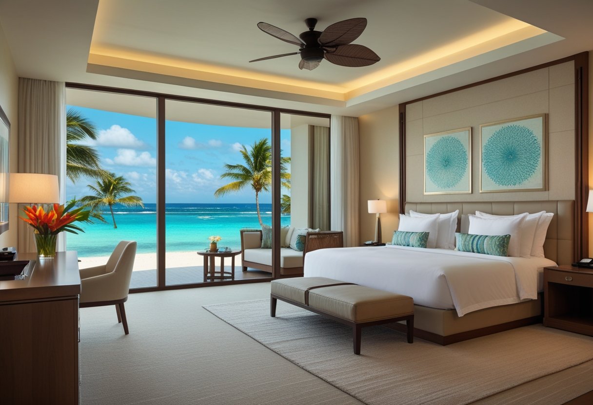 Chambre d'hôtel spacieuse avec un grand lit, des fenêtres donnant sur une plage tropicale et une décoration élégante.