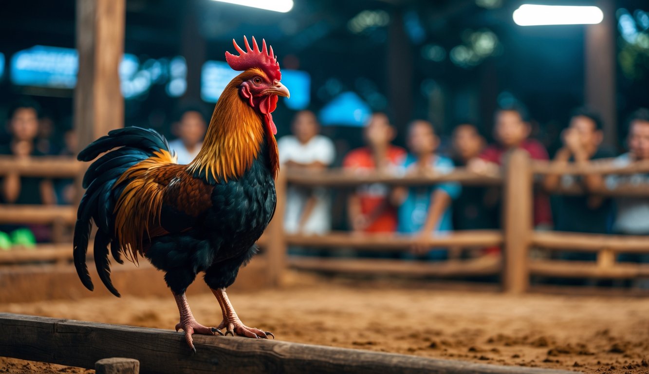 Seekor ayam petarung berdiri di arena sabung dengan penonton di latar belakang.
