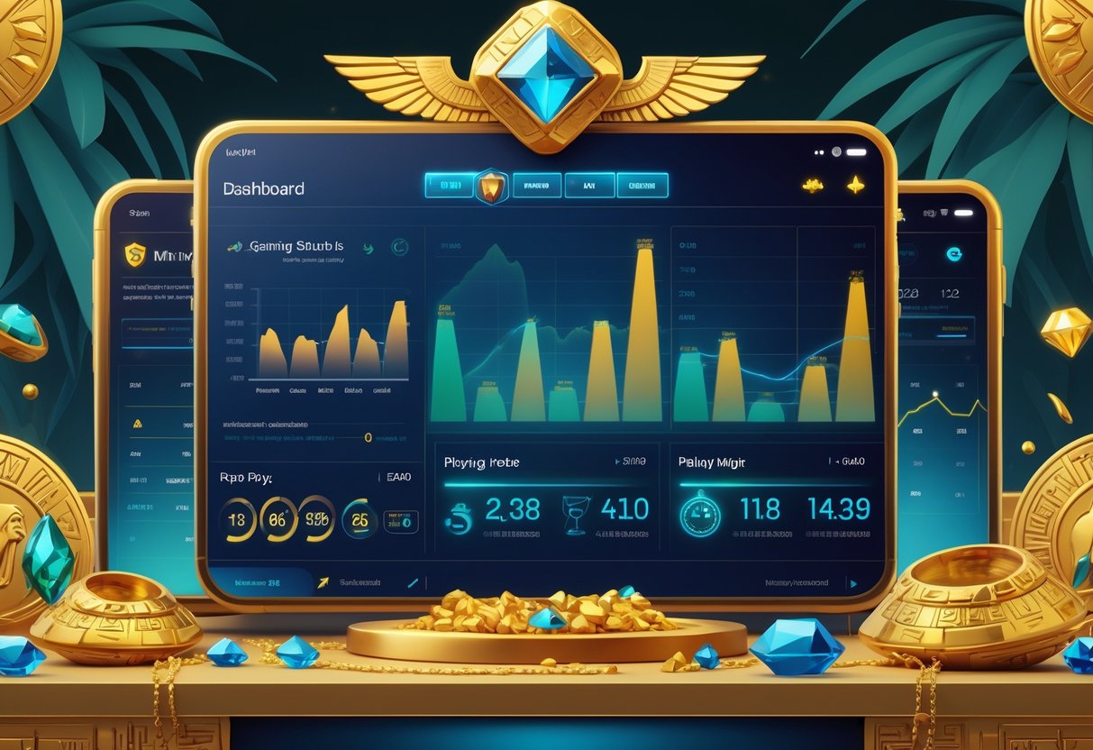Tampilan antarmuka permainan dengan grafik dan simbol bertema Mesir kuno yang menunjukkan statistik dan waktu terbaik bermain.