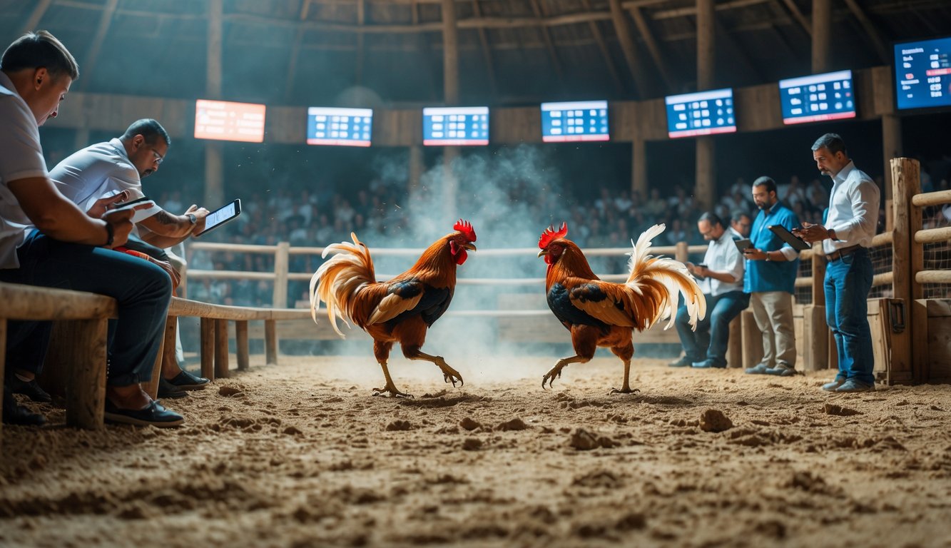 Dua ayam aduan sedang bertarung di arena dengan penonton yang mengamati dan mencatat dengan serius.