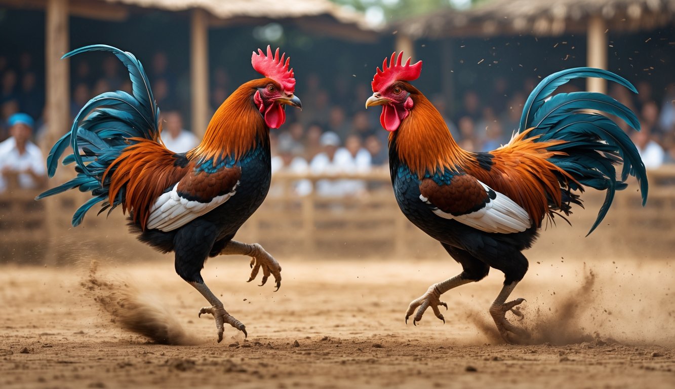 Dua ayam jago sedang bertarung di arena tradisional dengan latar penonton yang samar.