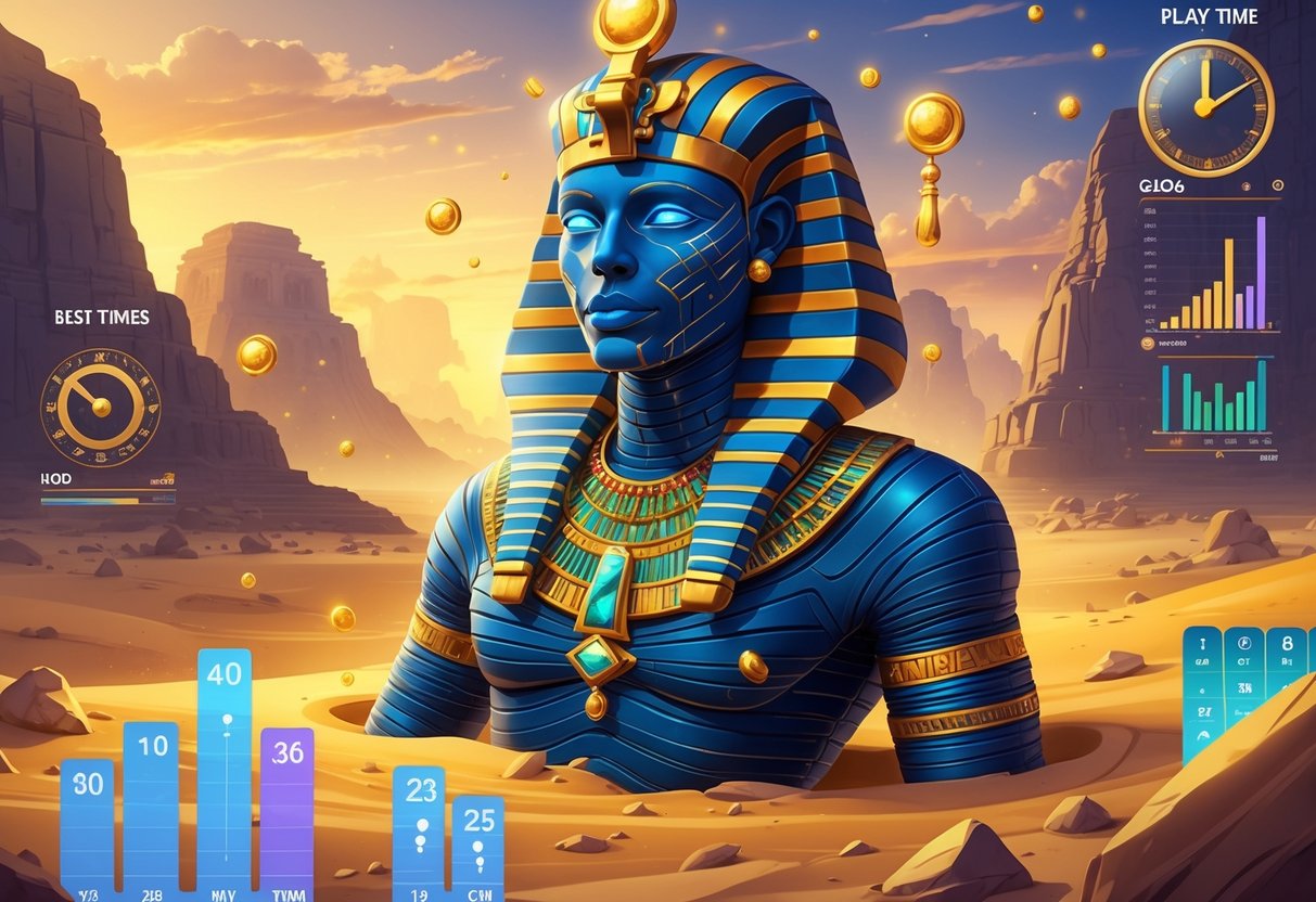 Ilustrasi seorang mumi Mesir kuno dengan perhiasan berkilau dikelilingi oleh simbol dan grafik yang menggambarkan analisis statistik dan waktu bermain terbaik.