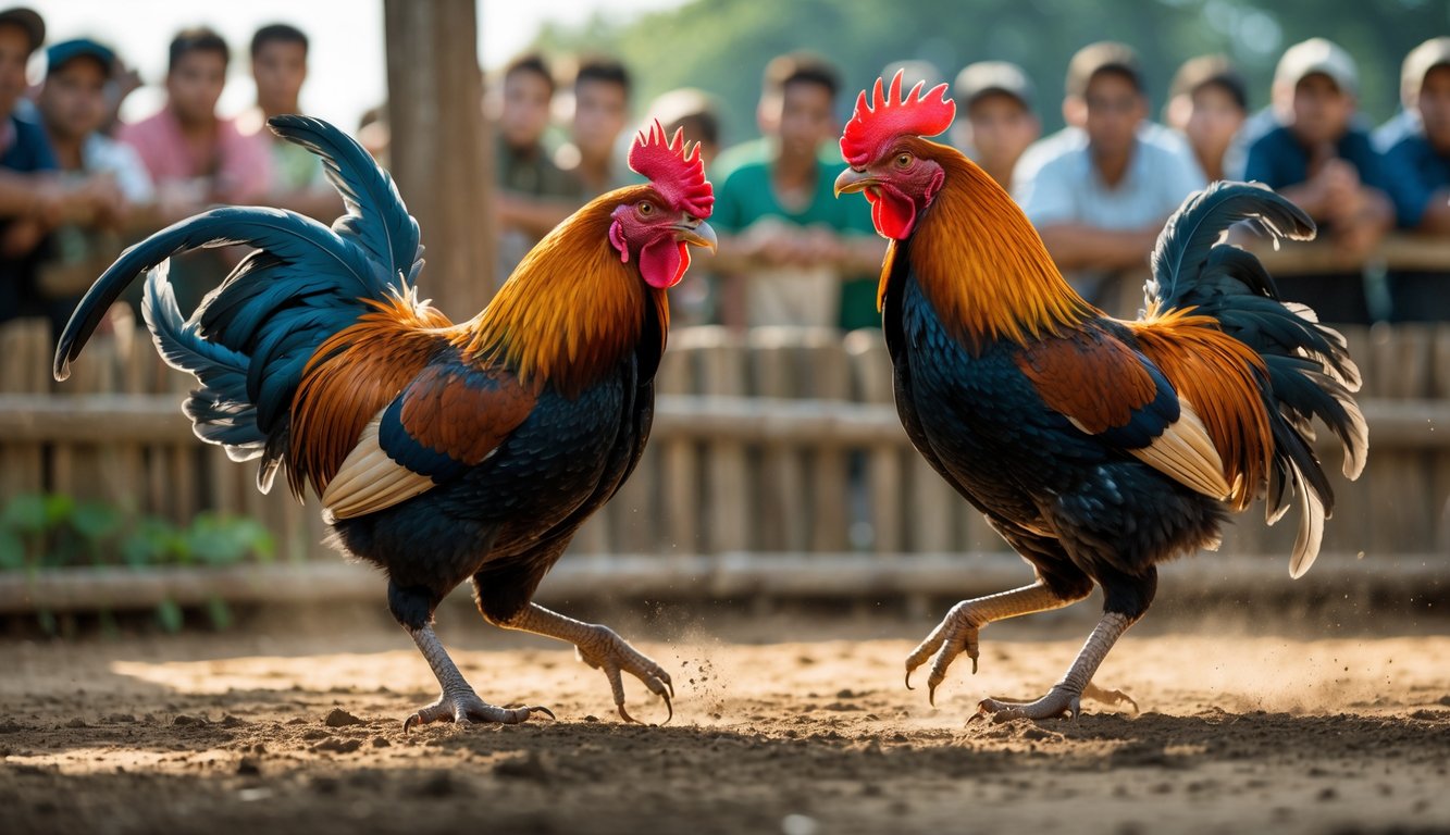 Dua ayam jago sedang bertarung di arena sabung dengan penonton di latar belakang.