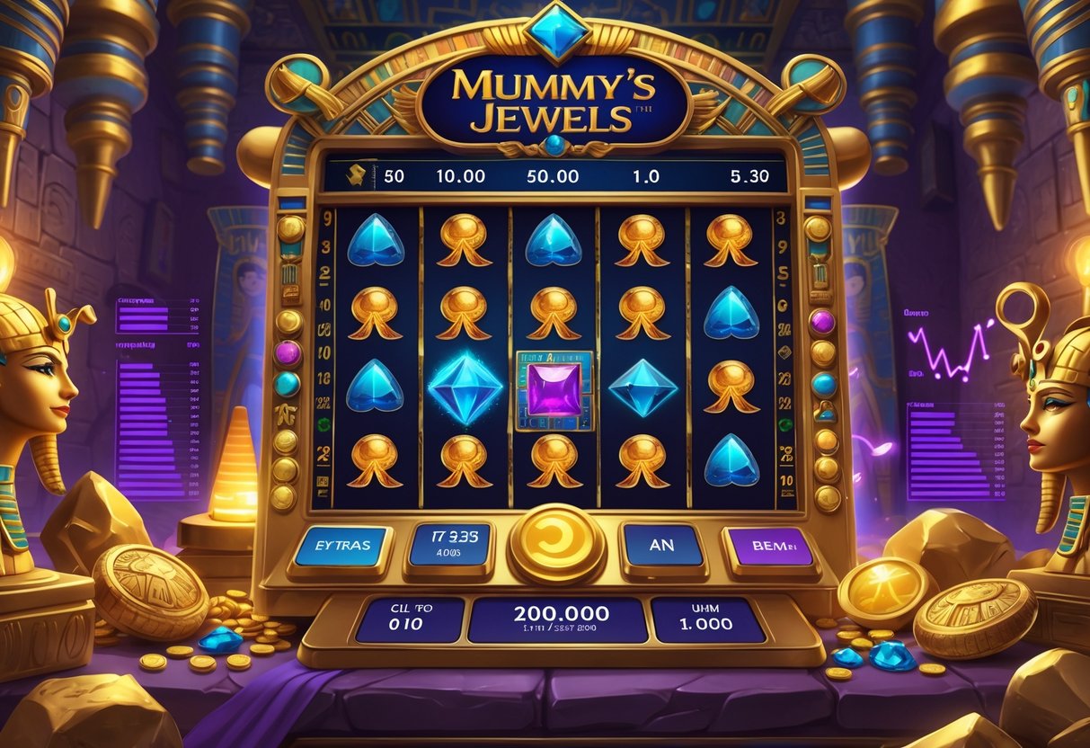 Ilustrasi mesin slot bertema Mesir kuno dengan permata berkilau dan simbol penting seperti scarab dan topeng firaun, dikelilingi oleh artefak emas dan elemen waktu serta statistik.