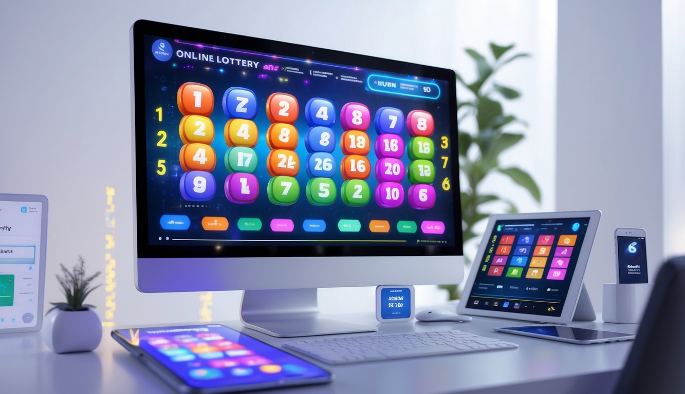 Meja kerja modern dengan komputer, smartphone, dan tablet menampilkan grafik angka dan simbol togel dalam suasana yang bersih dan profesional.