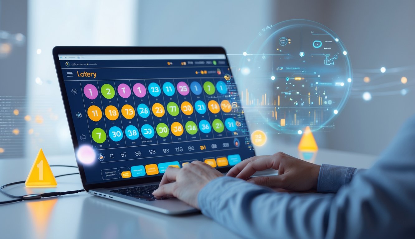 Sebuah ruang kerja modern dengan komputer menampilkan antarmuka digital berisi angka dan grafik yang menggambarkan permainan togel online.