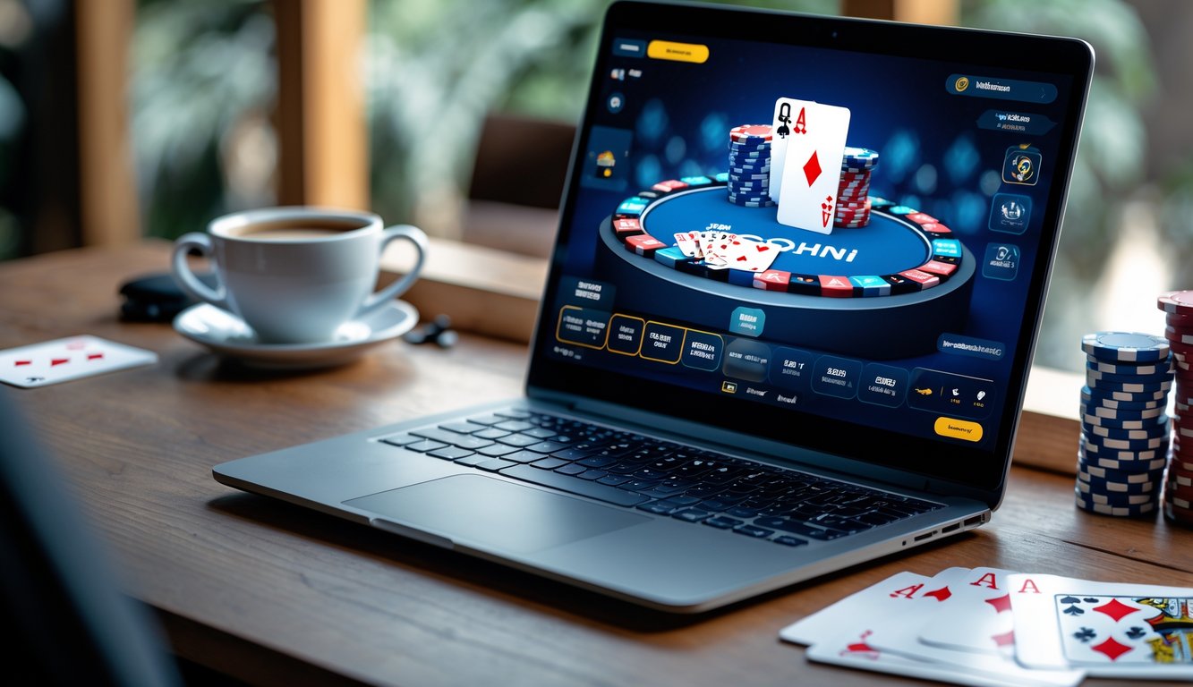Seorang pemain poker online menggunakan laptop dengan tumpukan chip dan kartu poker di meja kayu.