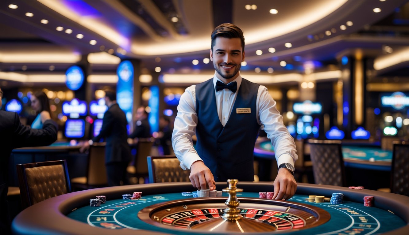 Seorang dealer profesional di meja kasino live dengan pemain yang sedang bermain dalam suasana kasino modern.