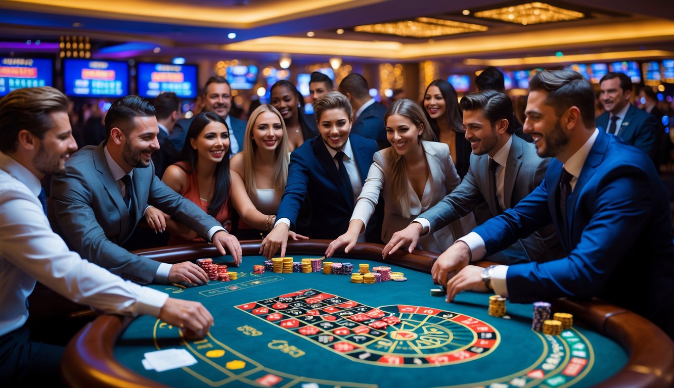 Orang-orang bermain di meja kasino langsung dengan dealer dan suasana kasino yang hidup.