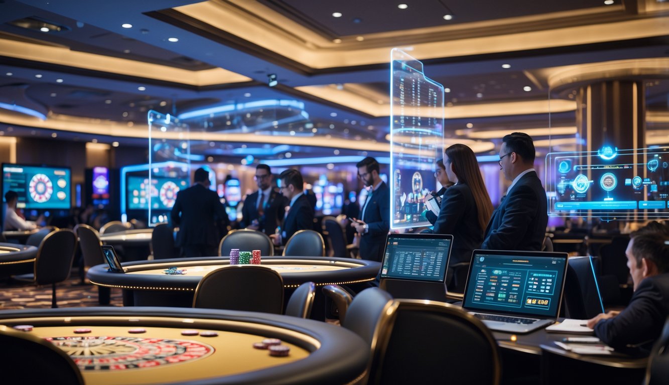 Suasana kasino langsung dengan dealer nyata dan pemain yang menggunakan perangkat digital untuk bermain game secara interaktif.