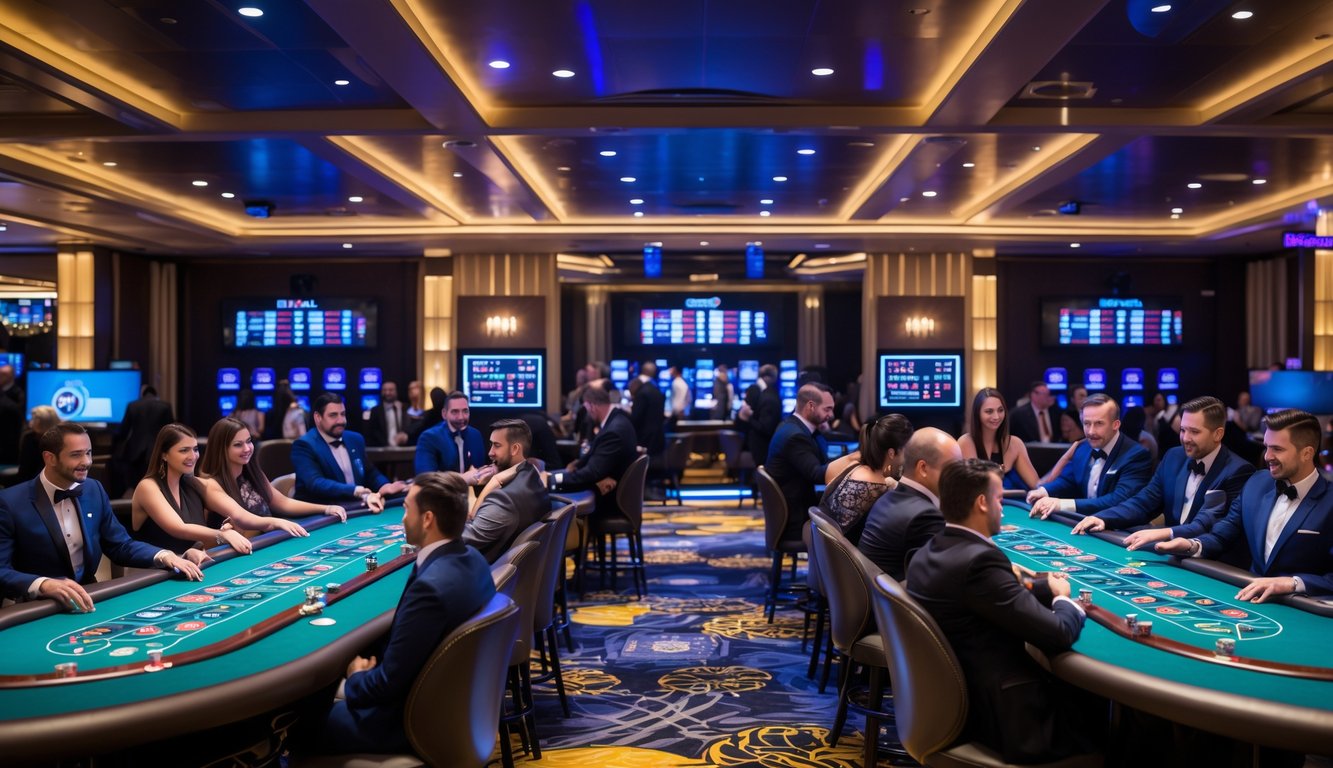 Suasana kasino modern dengan meja permainan langsung, dealer profesional, dan pemain yang menikmati permainan.