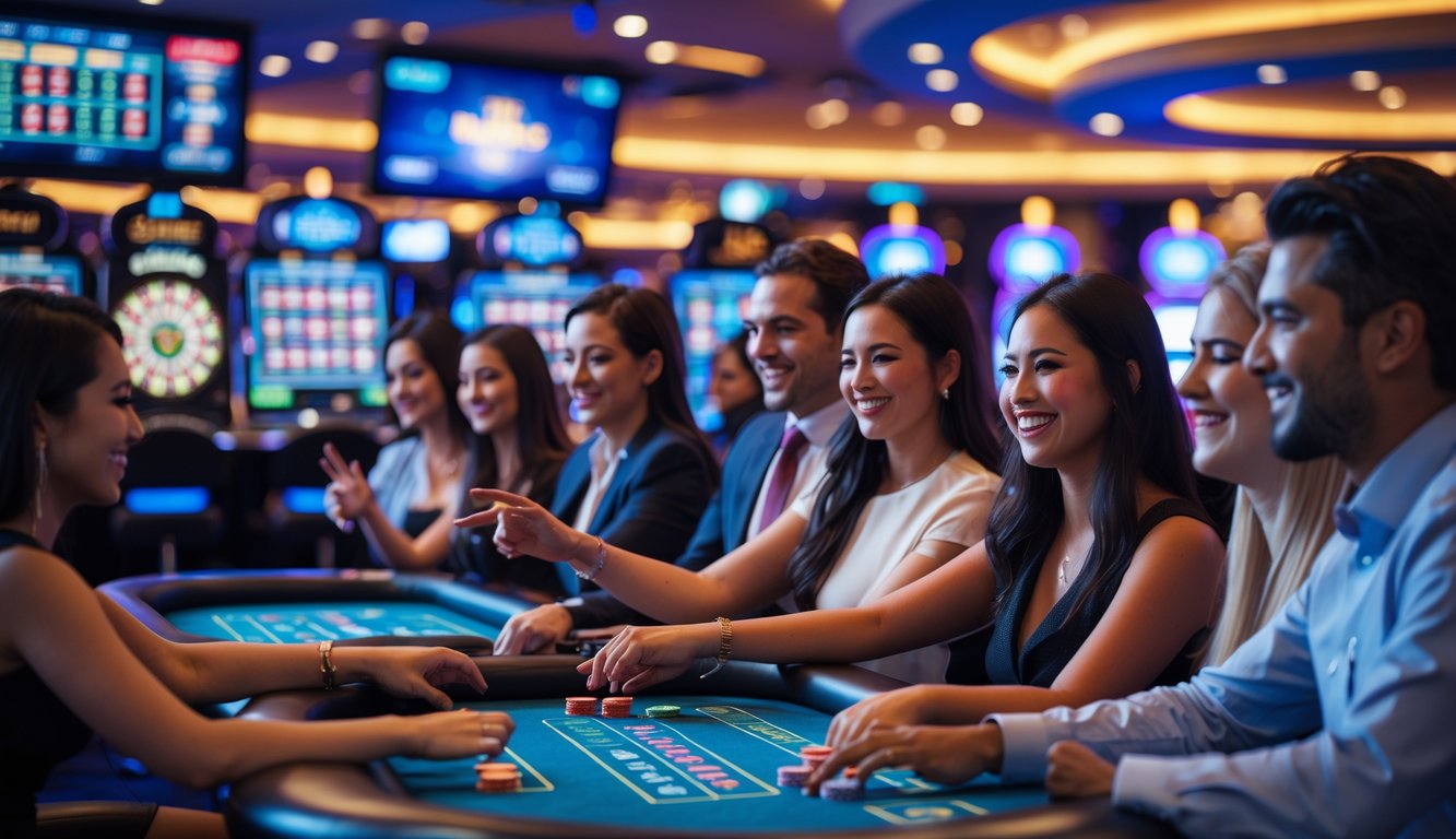 Orang-orang bermain permainan kasino interaktif dengan ekspresi senang di dalam kasino yang ramai.