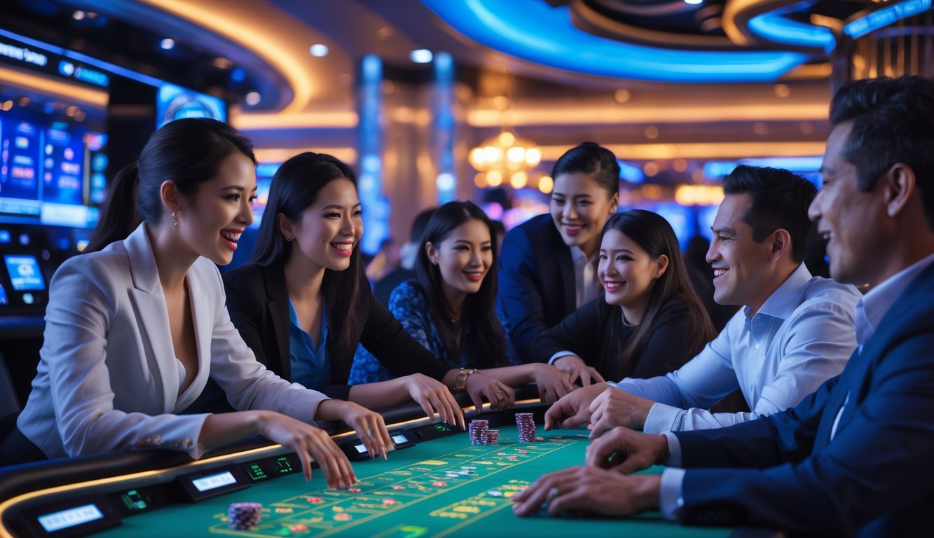 Sejumlah pemain sedang bermain di meja kasino langsung dengan fitur teknologi canggih dalam suasana yang seru dan modern.