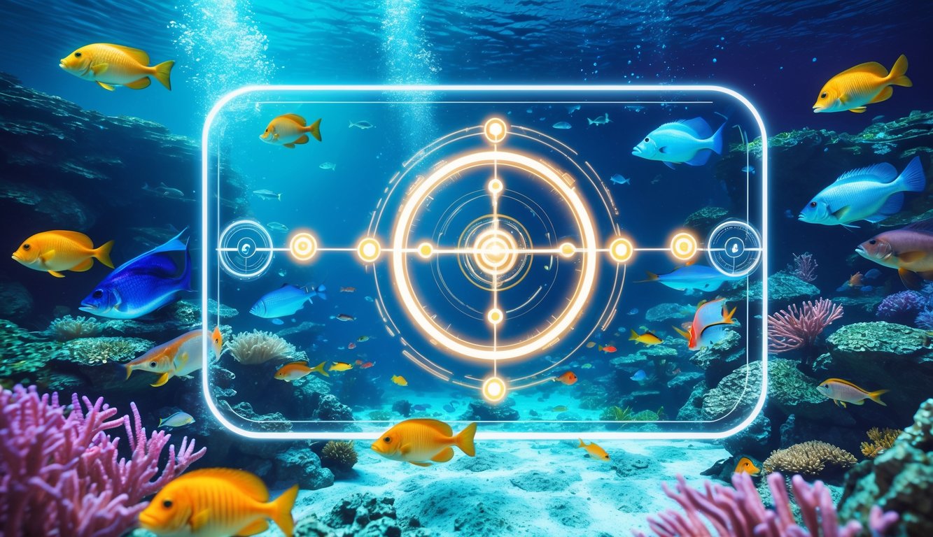 Pemandangan bawah laut dengan ikan berwarna-warni dan antarmuka digital yang menampilkan sasaran menembak ikan.