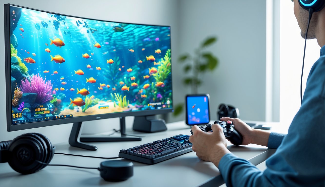 Seorang pemain sedang asyik bermain game menembak ikan dengan layar komputer yang menampilkan ikan berwarna-warni di bawah laut.