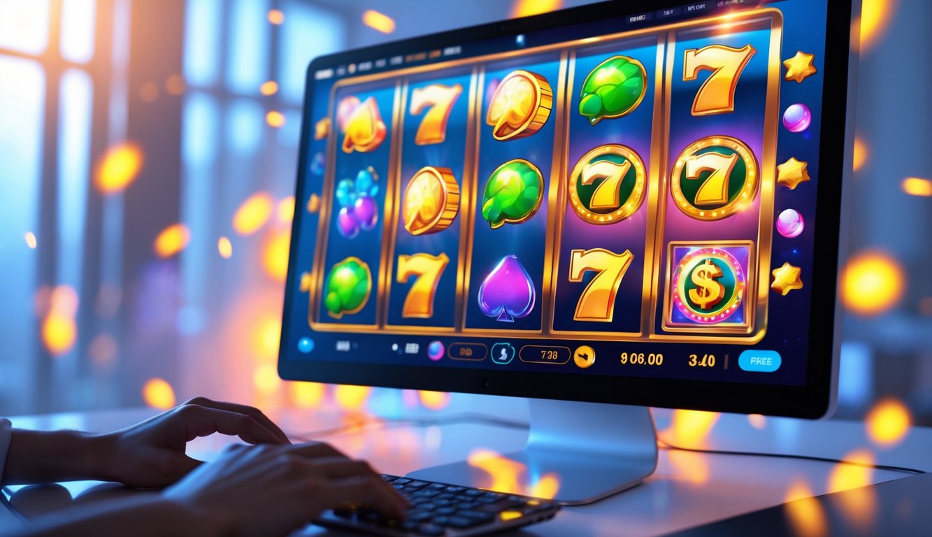 Tampilan komputer dengan permainan slot online yang menampilkan gulungan berwarna-warni dan simbol tema yang menarik.