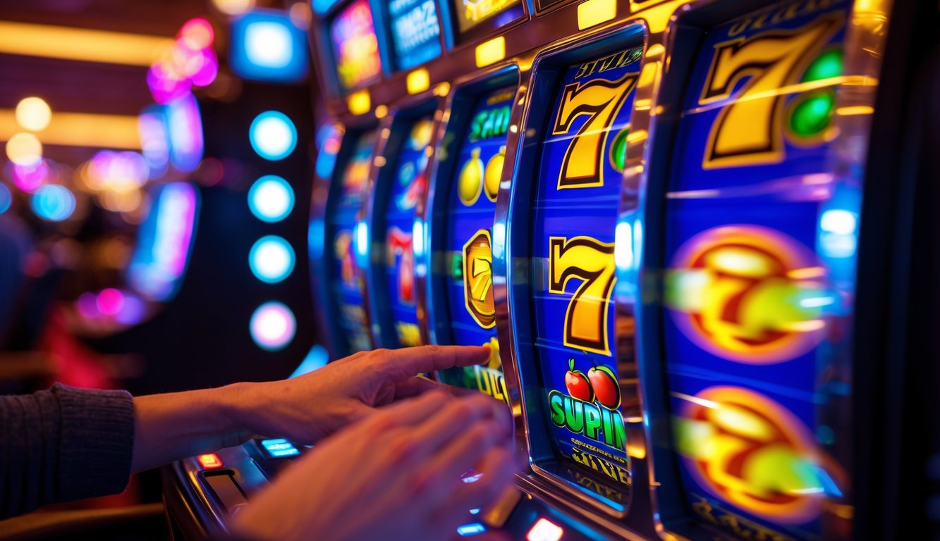 Mesin slot yang sedang berputar dengan simbol warna-warni dan tangan pemain menekan tombol putar di latar kasino.