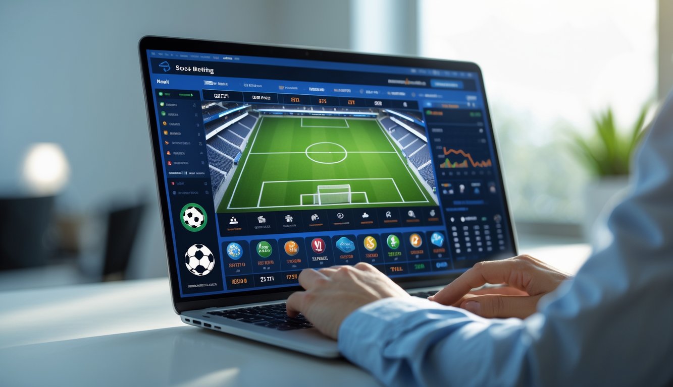 Seseorang menggunakan komputer dengan tampilan platform taruhan olahraga modern yang menampilkan ikon sepak bola dan statistik pertandingan.