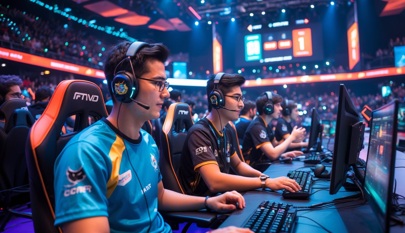 Sejumlah gamer serius bermain di arena e-sports dengan layar komputer dan penonton yang bersorak di latar belakang.