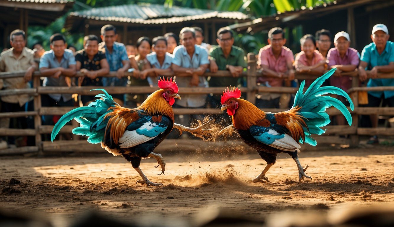 Dua ayam jago bertarung di arena dengan penonton yang mengamati di latar belakang.