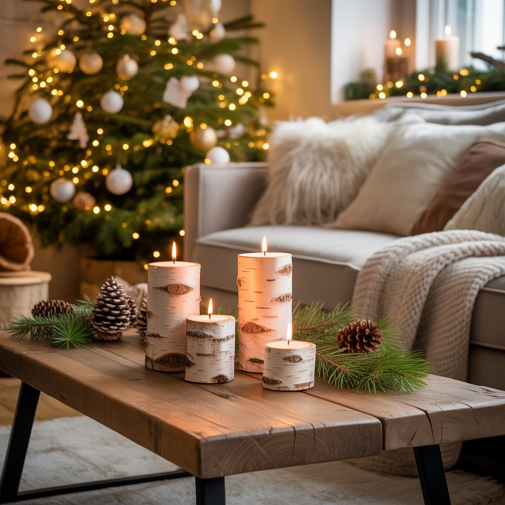 A cozy living room decorated for Christmas with a decorated tree, birch candle holders on a wooden table, cushions on a sofa, and festive natural decorations.