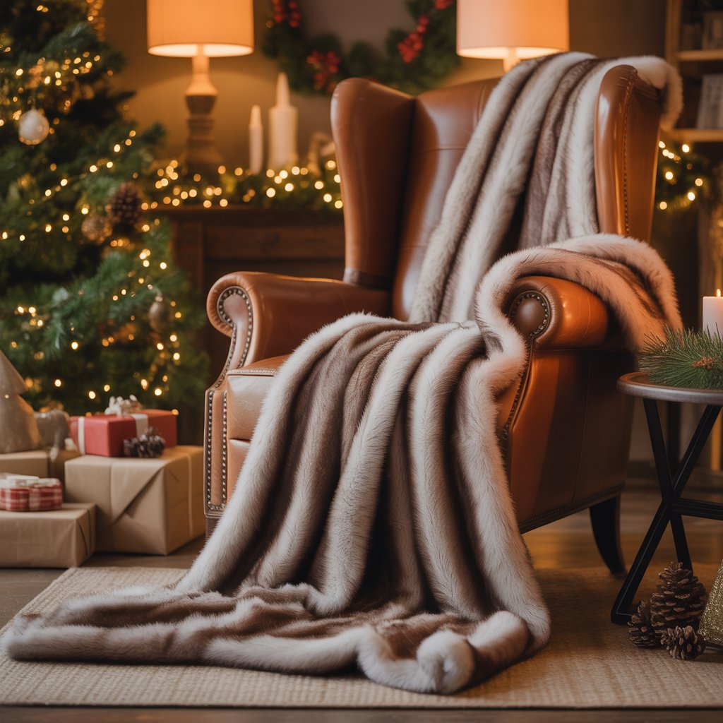 A leather chair with a faux fur throw in a warmly decorated Christmas living room with a tree and holiday decorations.