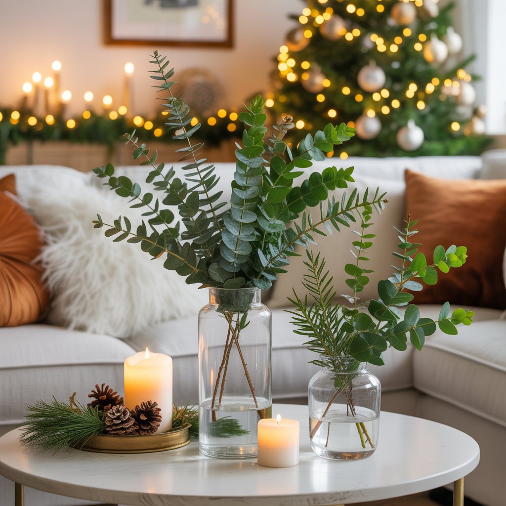 A cozy living room decorated for Christmas with fresh eucalyptus sprigs in clear glass vases on a table, a decorated Christmas tree, and warm holiday decorations.
