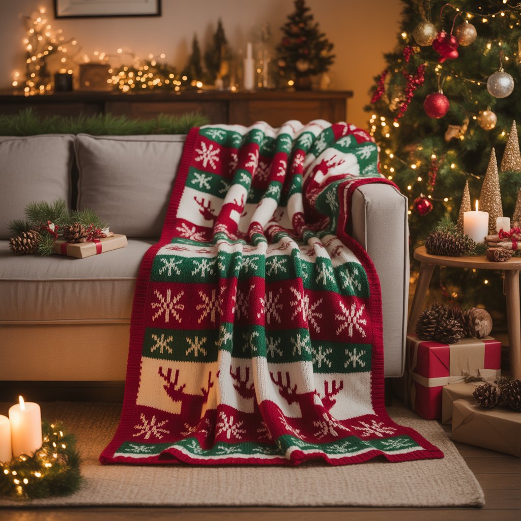 A cozy living room with a couch and a holiday-themed knit blanket at its foot, decorated for Christmas with a tree, lights, and festive decor.