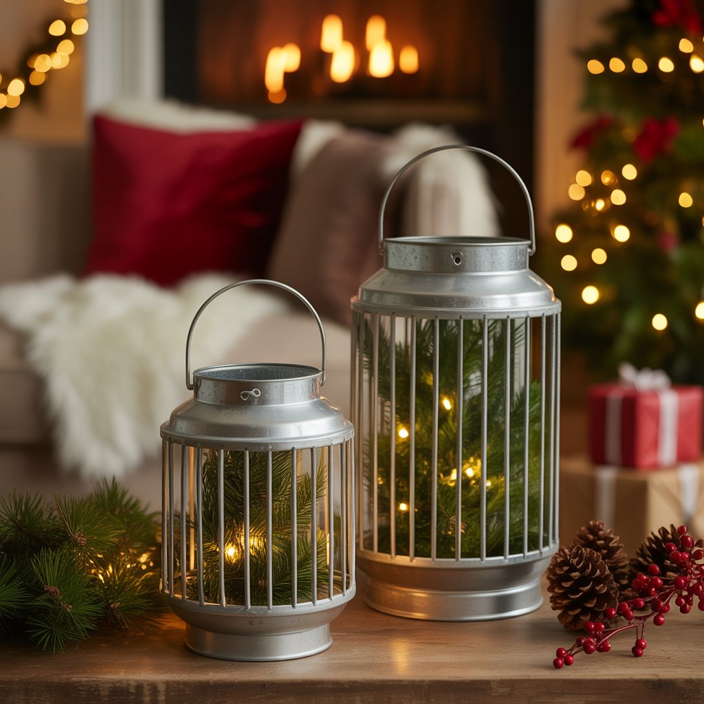 A cozy living room decorated for Christmas with metal lanterns filled with pine branches near a fireplace and a decorated Christmas tree in the background.