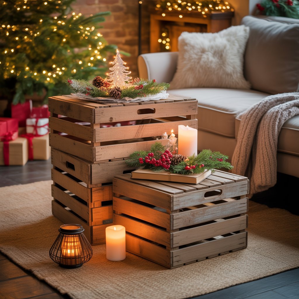 A cozy living room with stacked vintage wooden crates used as side tables, decorated for Christmas with a tree, presents, and festive ornaments.