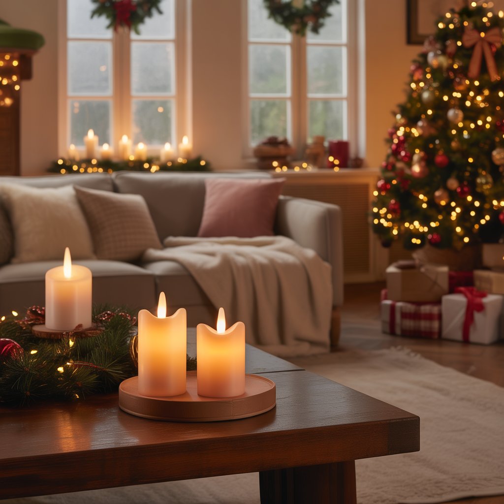 A cozy Christmas living room with a decorated tree, battery-operated candles flickering on a mantel, a fireplace, and wrapped presents.