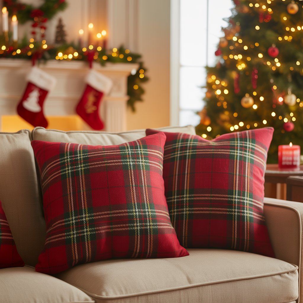A cozy living room with red and green plaid throw pillows on a sofa, a decorated Christmas tree, and a fireplace with stockings.