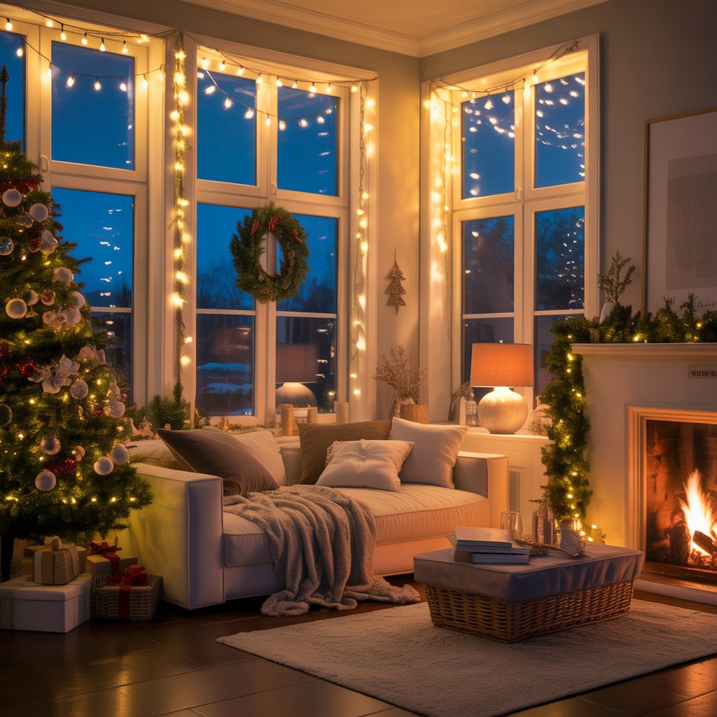A cozy Christmas living room with windows decorated by warm white fairy lights, a Christmas tree, fireplace, and comfortable seating.