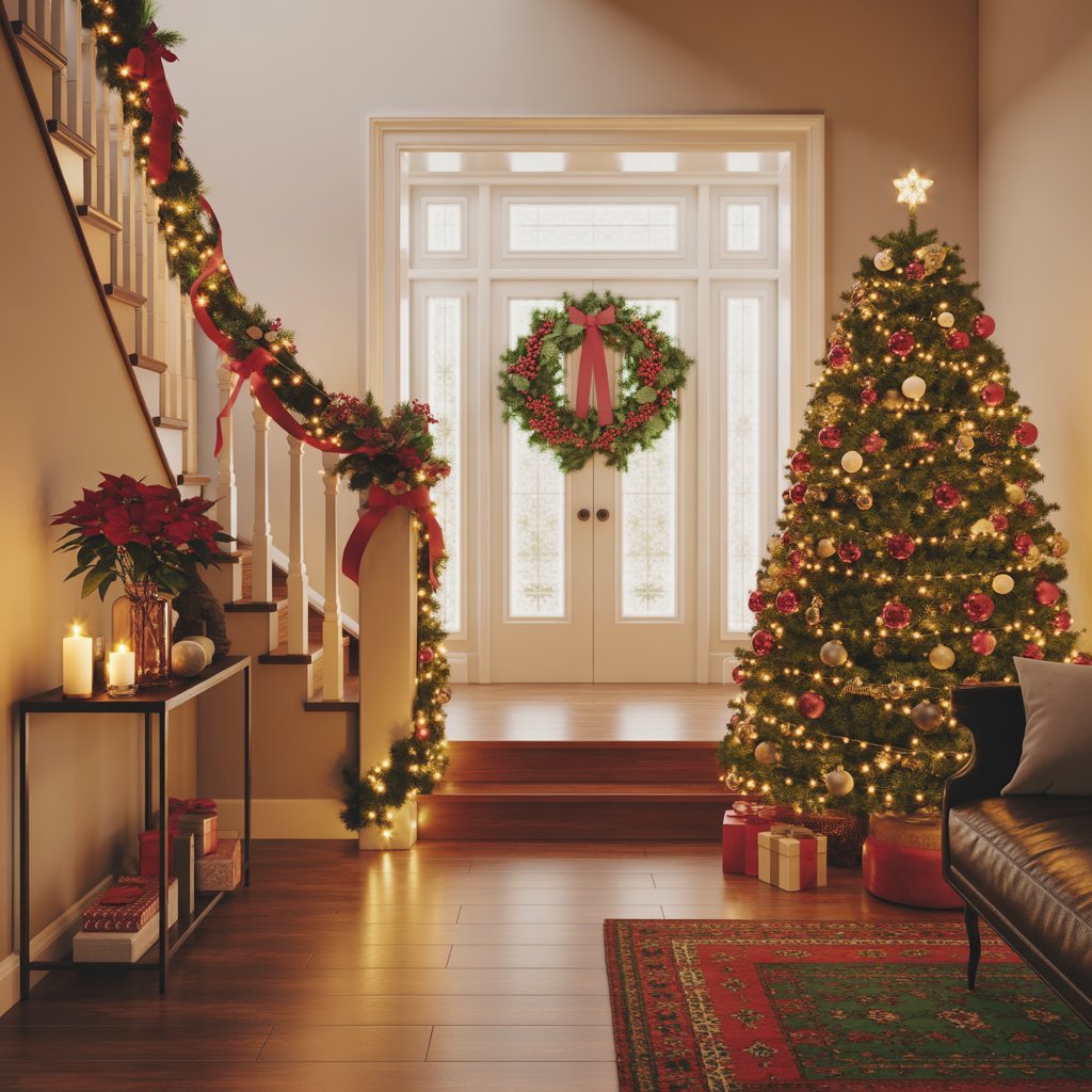A warmly decorated Christmas foyer with a wreath on the door, a decorated Christmas tree, garlands on the staircase, and festive holiday decorations.