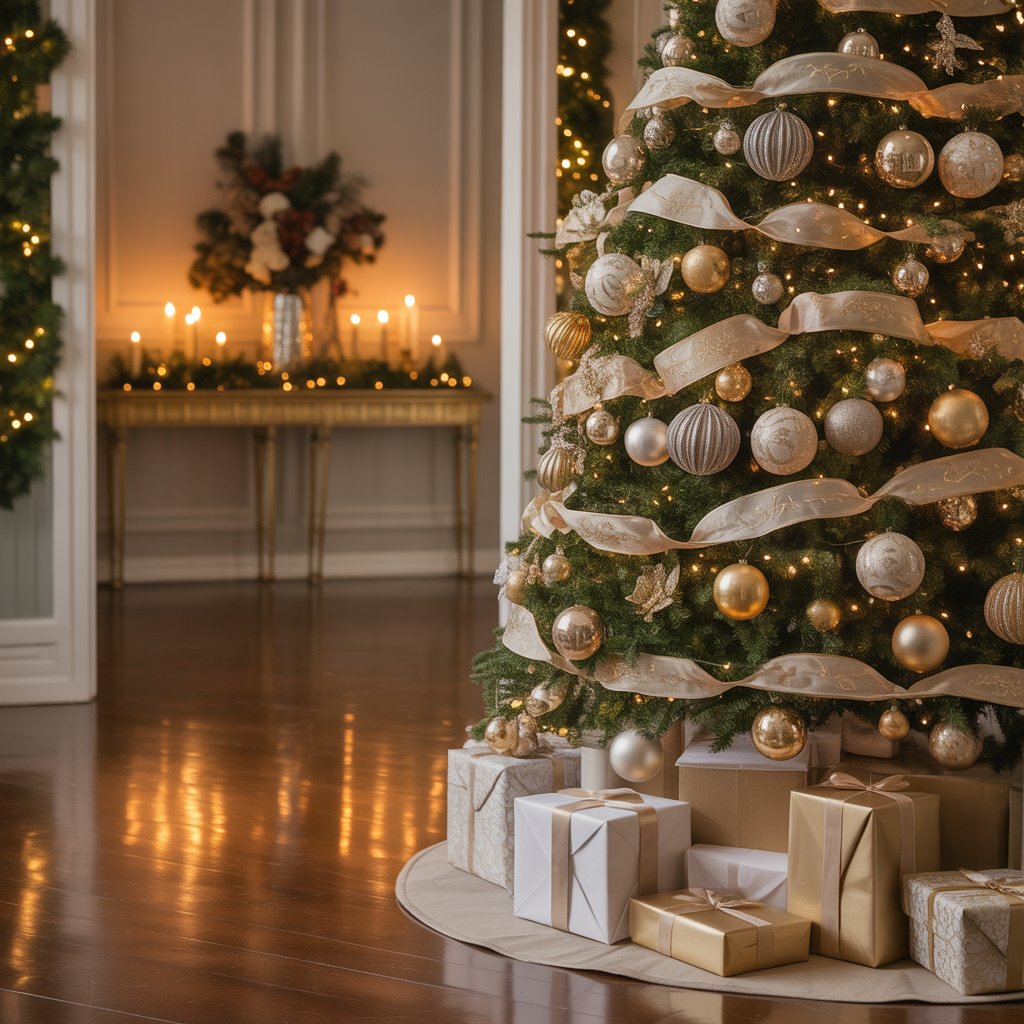 A decorated Christmas tree with gold and silver ornaments in a festive foyer with holiday decorations and warm lighting.