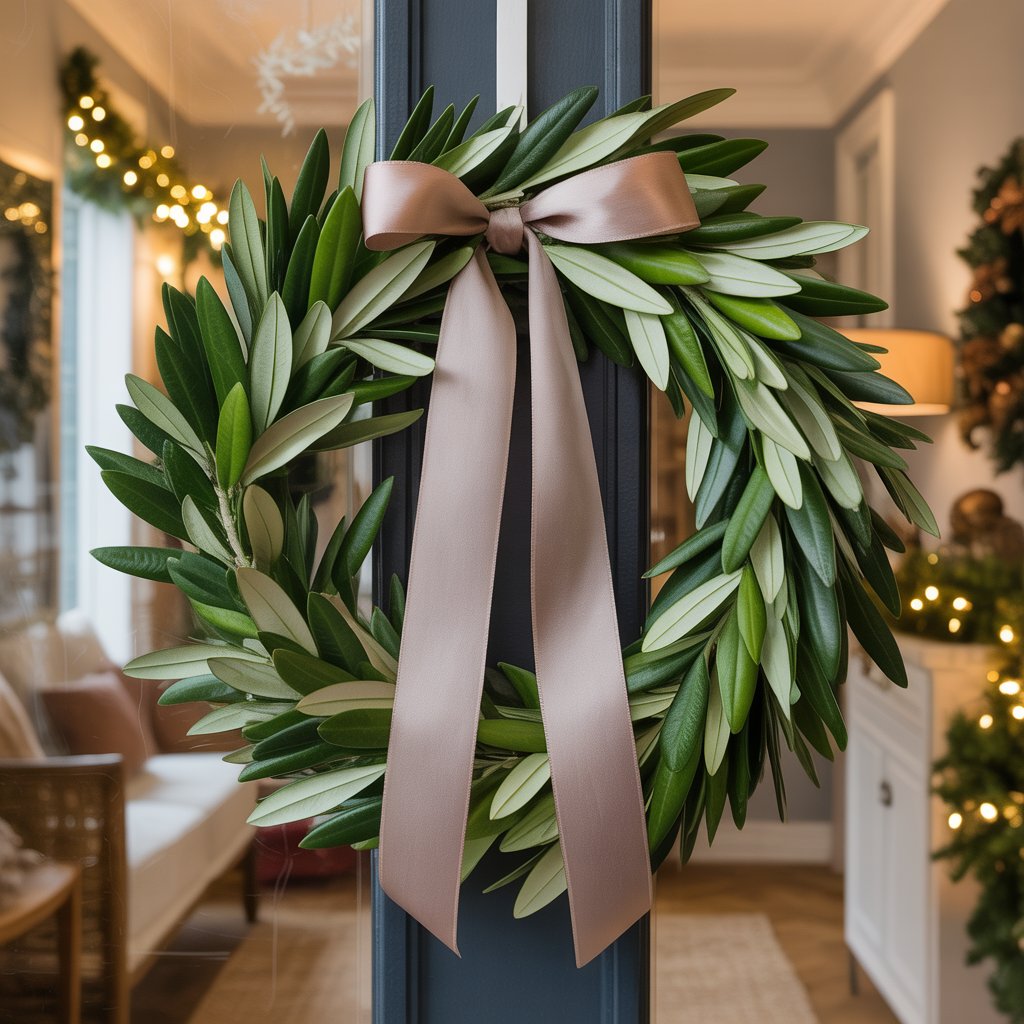 An olive leaf wreath with a ribbon hanging on a front door in a decorated Christmas foyer.