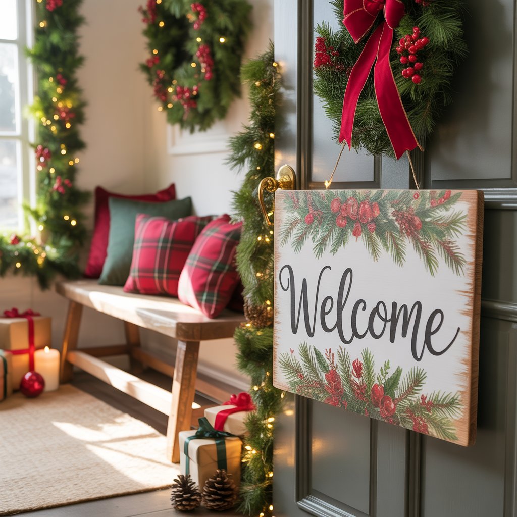 A cozy holiday foyer decorated with a hand-painted welcome sign, pine garlands, a wreath on the door, wrapped presents, and warm festive decorations.
