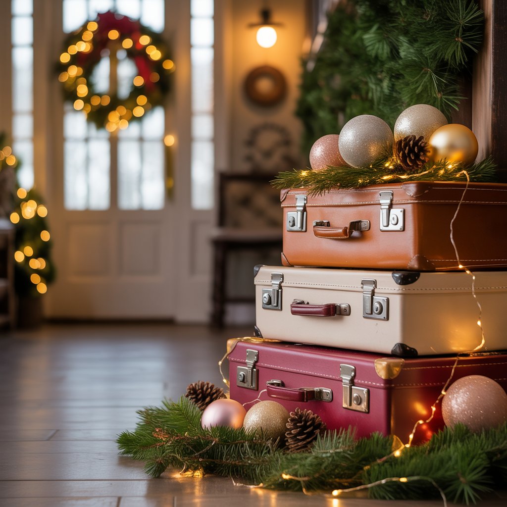 A stack of vintage suitcases decorated with Christmas ornaments and fairy lights in a warmly lit foyer with a wreath on the door.