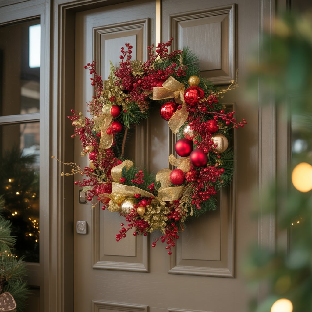 Front door decorated with an elegant red and gold Christmas wreath surrounded by holiday greenery.