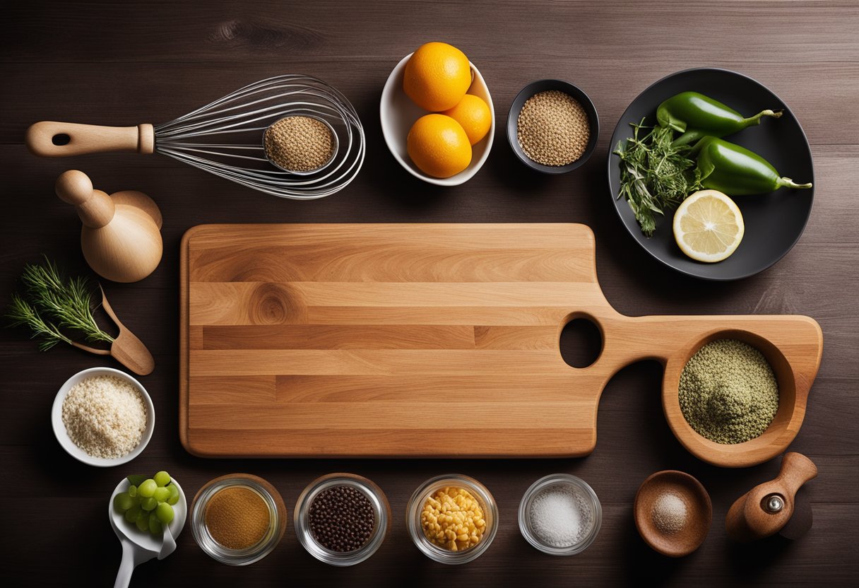 Cutting board surrounded by spices, herbs and cooking tools.