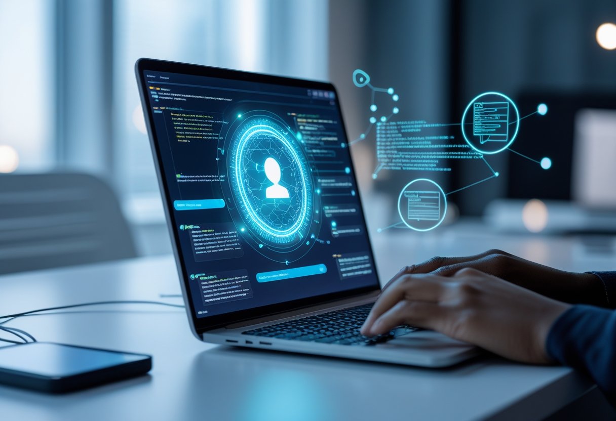 ChatGPT 3 A person typing on a laptop with glowing digital interface elements representing artificial intelligence floating above the keyboard.