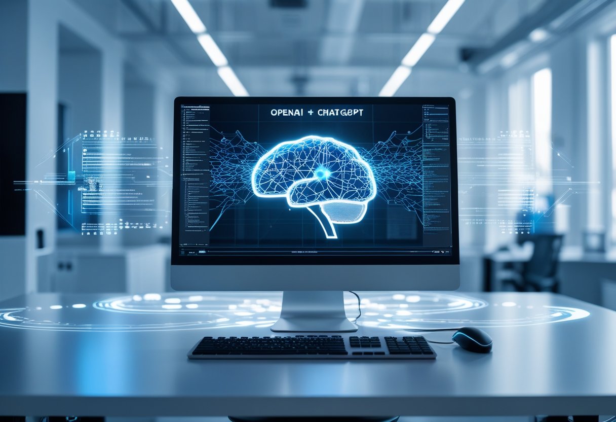 ChatGPT 2 A modern workspace with a computer displaying glowing neural network patterns and floating digital data streams, representing artificial intelligence and its evolution.