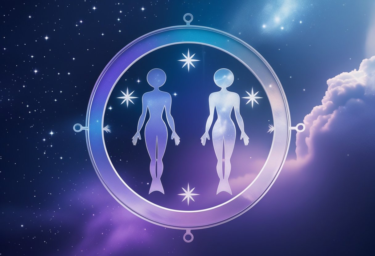 Gemini 3 Two intertwined human silhouettes representing twins against a starry cosmic background with glowing light.