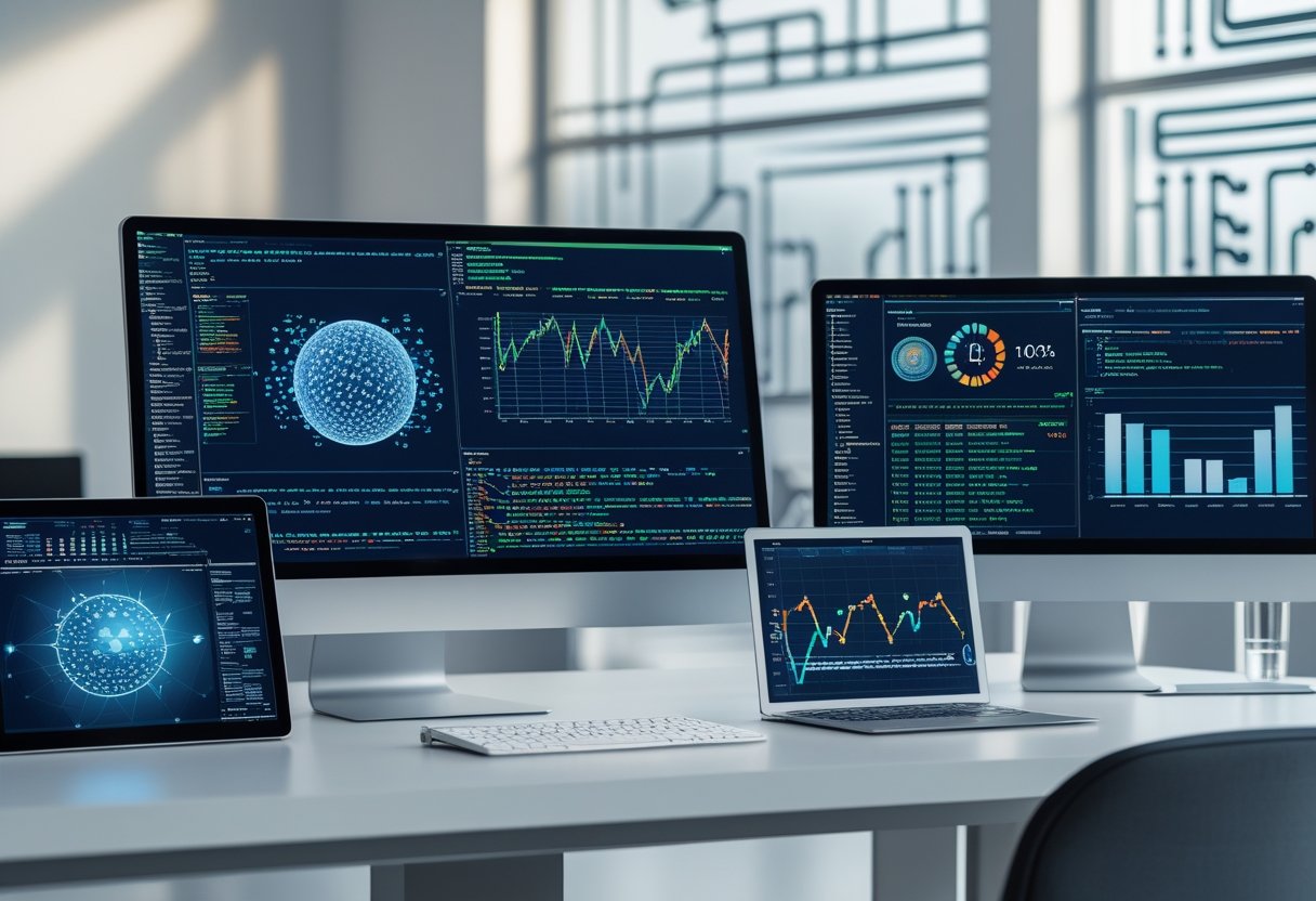 Gemini 2 A modern workspace with multiple computer screens displaying data visualizations and code, along with a laptop, tablet, and smartphone on a desk.