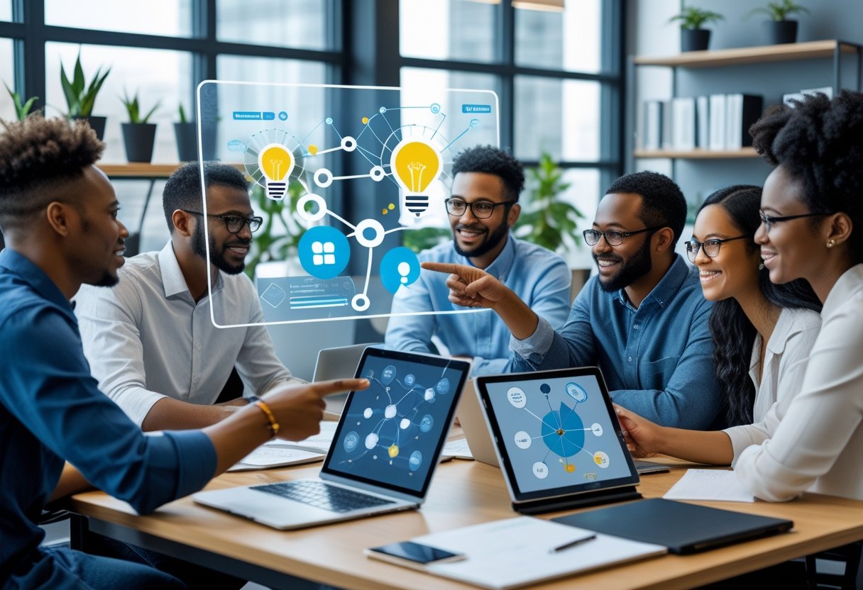 A diverse group of people collaborating around a table with laptops and digital screens in a modern office.