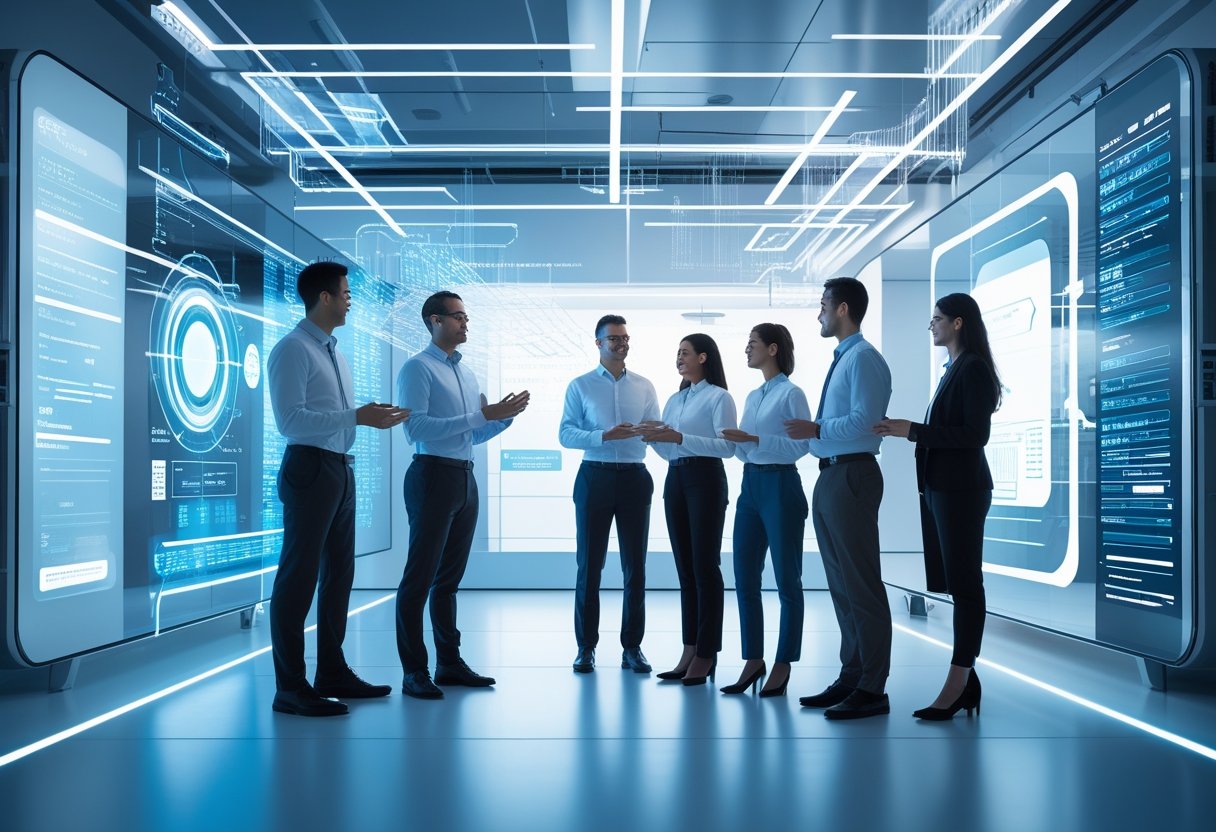 A group of professionals working together with futuristic digital interfaces and holographic displays in a modern office.