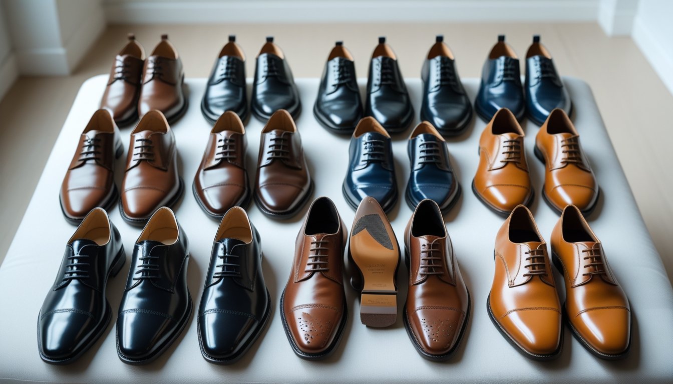 A variety of dressy shoes including oxfords, heels, loafers, and ankle boots arranged on a light surface.
