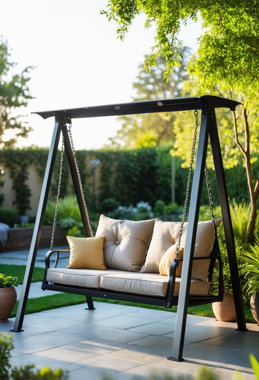 A patio swing with a metal frame and cushioned seating set on a backyard patio surrounded by greenery.